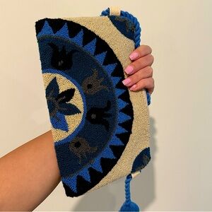 Handmade clutch/shoulder bag, tan with blue and black embroidered ornaments